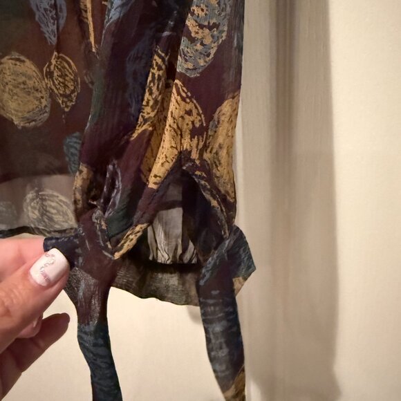 BCBGMaxAzria | Silk + Lace Sheer Patterned Blouse | Brown/Navy | Size: L - Picture 6 of 10